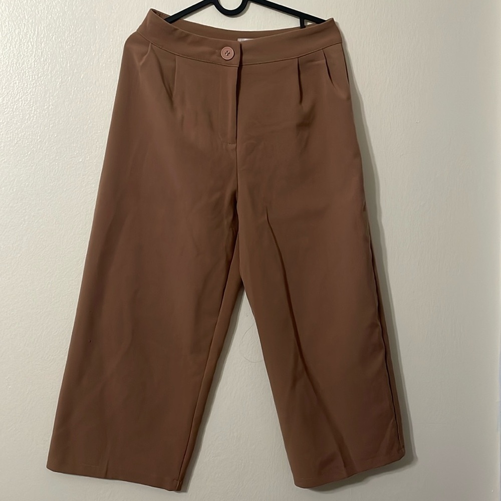 Women Khaki Cropped Straight Wide Leg Tailored Pants, Brand Size M